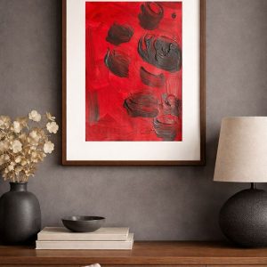 Original abstract, hand-painted in acrylic. Bold reds layered with textured dark tones — expressive, raw, and one of a kind. Small format (26 × 35 cm), perfect for intimate spaces and gallery walls.